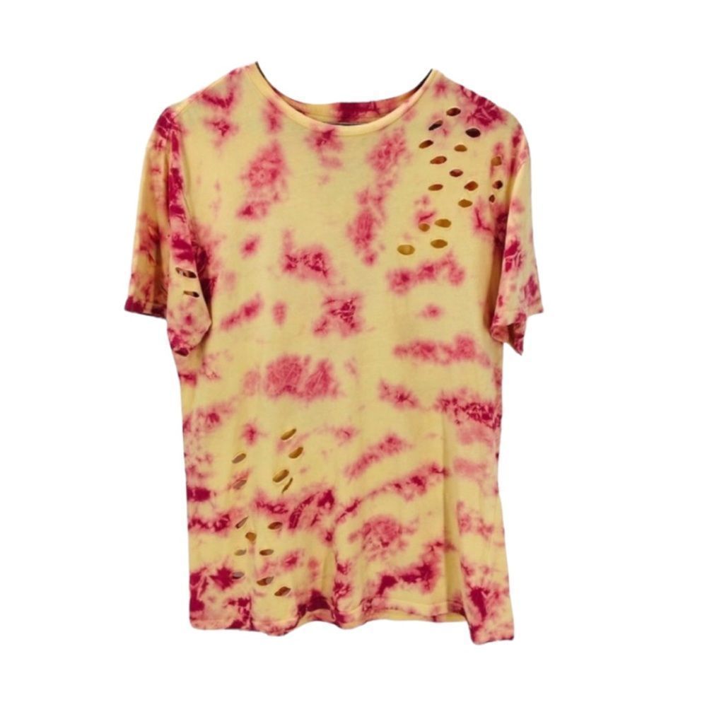 4/$45 | AMNESIA | Yellow / Pink Distressed  T-shirt | Medium